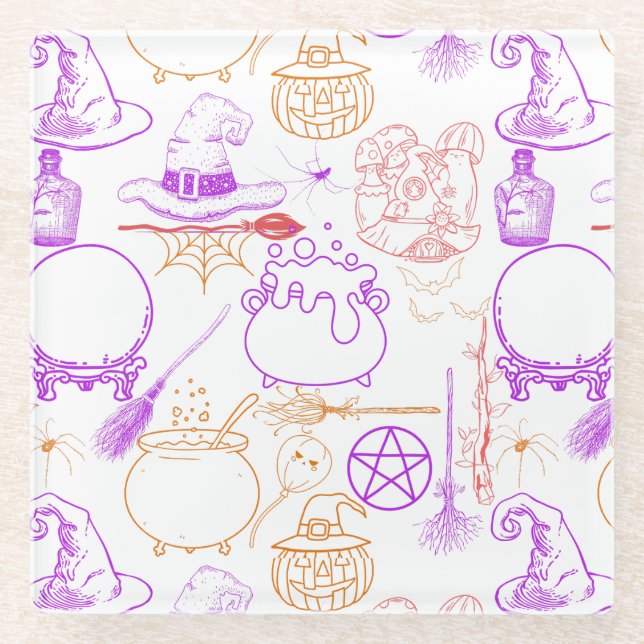 Halloween Witchcraft Pattern Neon 01 Glass Coaster (Front)