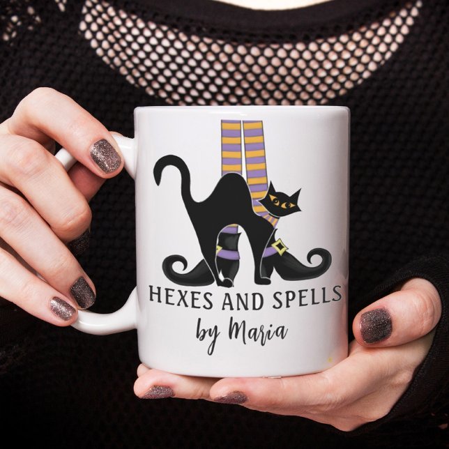 Halloween Witches Black Cat Cute Cute Script  Coffee Mug (Cute whimsical Halloween witch with black cat. customized with name. )
