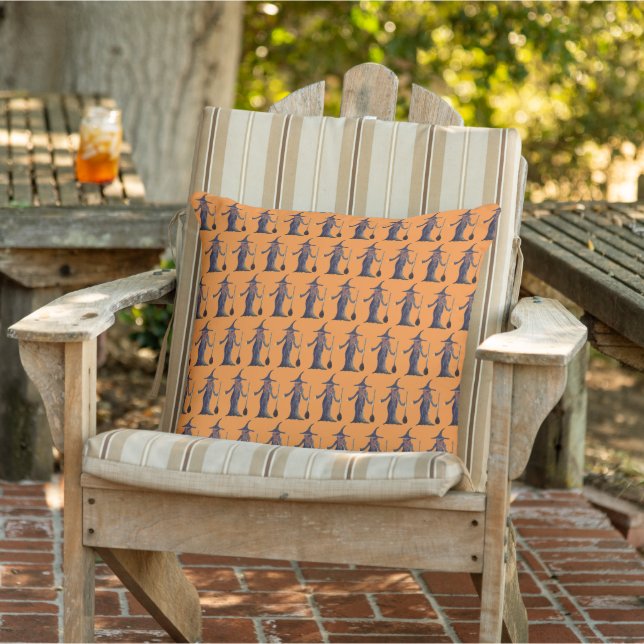 Halloween Witches Black Orange Pattern Spooky Outdoor Pillow (Chair)