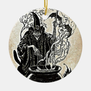 Halloween Witches Cauldron Ceramic Ornament