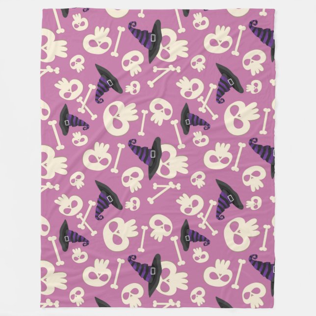Halloween Witches Hats, Skulls and Bones Fleece Blanket (Front)