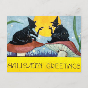 Halloween Witches on Toadstool with Full Moon Postcard