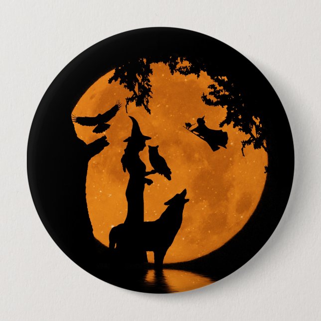 Halloween Witches, Wolf Raven and Owl 4 Inch Round Button (Front)
