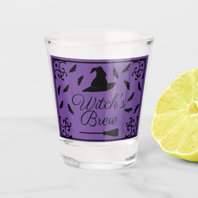Halloween Witch's Brew Hat & Bats Shot Glass (Front)