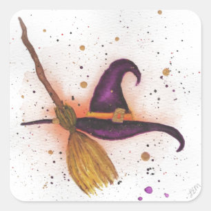 Halloween Witch's Hat and Broom Square Sticker