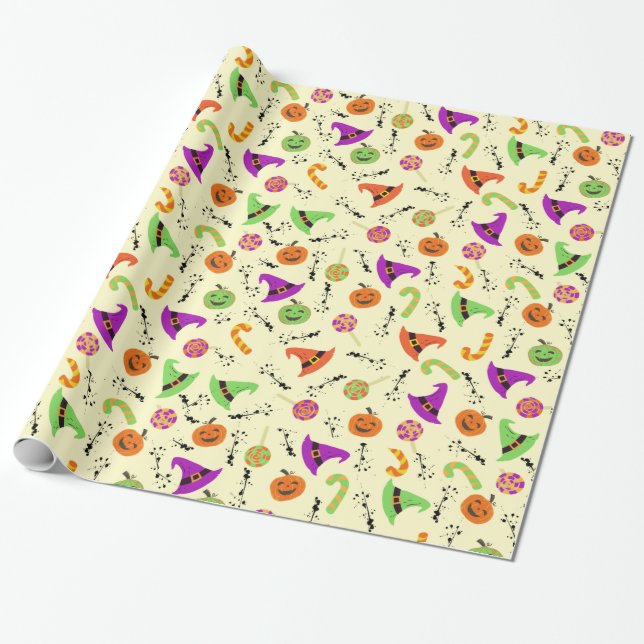 Halloween Witch's Hat Candy & Pumpkins 2 Wrapping Paper (Unrolled)