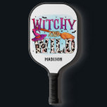 Halloween Witchy And Wild Witch Broom Name Pickleball Paddle<br><div class="desc">Halloween Witchy And Wild Witch Broom Typography Personalized NameT-Shirt features the text "Witchy and wild" in fun modern typography. Personalize with your name by editing the text in the text box provided. Perfect gifts for birthday or Halloween parties. Designed by © Evco Holidays at www.zazzle.com/store/evcoholidays</div>