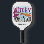 Halloween Witchy And Wild Witch Broom Name Pickleball Paddle<br><div class="desc">Halloween Witchy And Wild Witch Broom Typography Personalized NameT-Shirt features the text "Witchy and wild" in fun modern typography. Personalize with your name by editing the text in the text box provided. Perfect gifts for birthday or Halloween parties. Designed by © Evco Holidays at www.zazzle.com/store/evcoholidays</div>