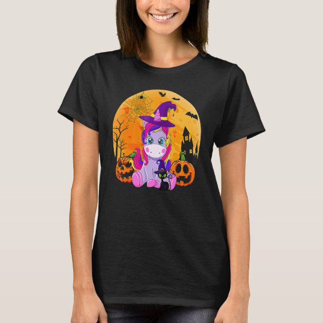 Halloween Witchy Unicorn Black Cat Pumpkin Girls W T-Shirt (Front)