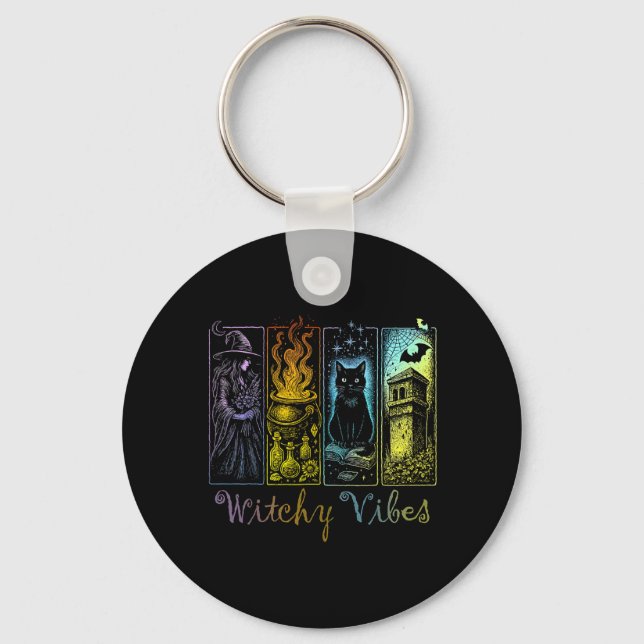 Halloween Witchy Vibes Witch Black Cat Cauldron Keychain (Front)