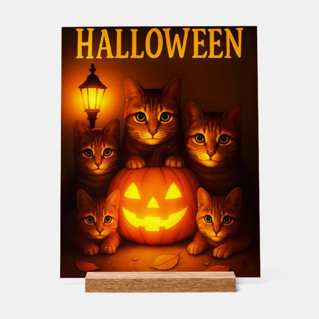 Halloween with Cat Orange Digital Art Acrylic Sign (Front)