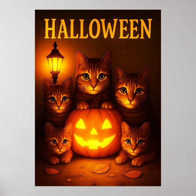 Halloween with Cat Orange Digital Art Poster (Front)