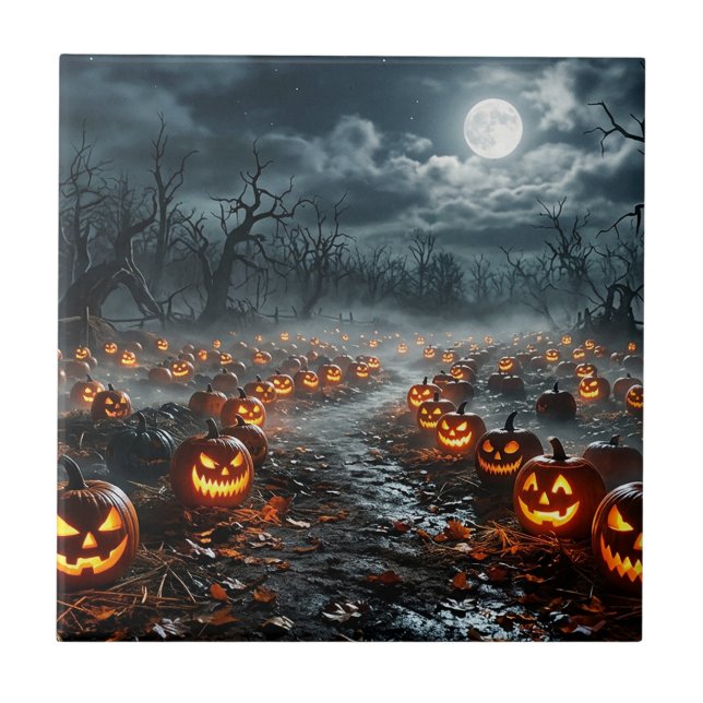 Halloween with Creepy Trees and Jack O Lanterns Tile (Front)