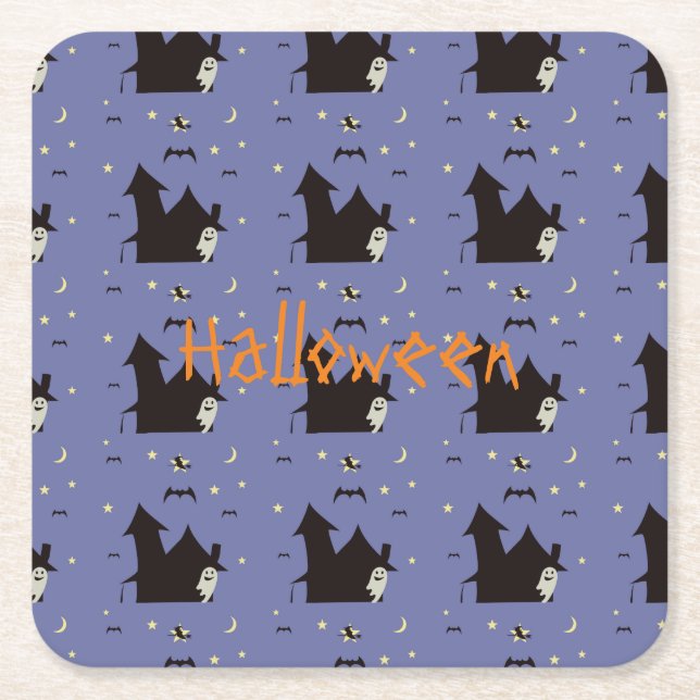 Halloween with ghosts witches and bats square paper coaster (Front)