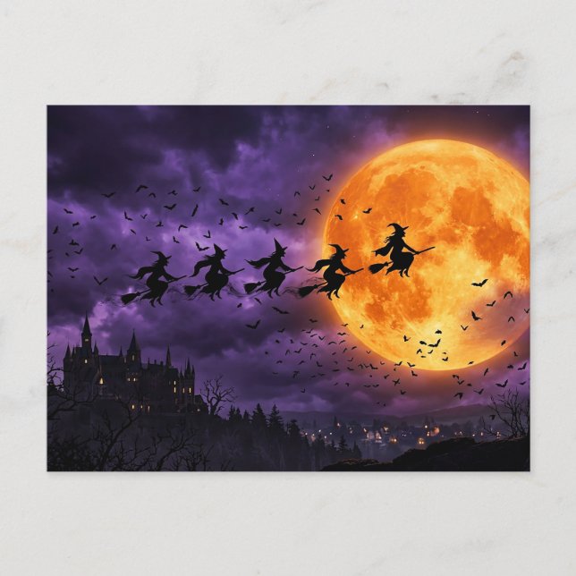 Halloween with Moon and Witch Postcard (Front)