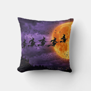 Halloween with Moon and Witch Throw Pillow