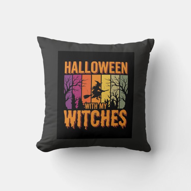 Halloween With My Witches Retro Sunset Throw Pillow (Front)