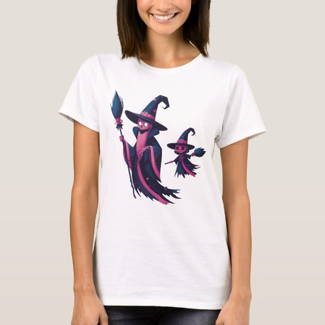Halloween Wizard and Baby - Tall Hat and Wand Desi T-Shirt (Front)