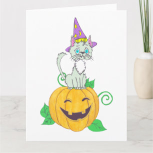 Halloween Wizard Cat on Pumpkin Card
