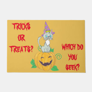 Halloween Wizard Cat on Pumpkin Doormat
