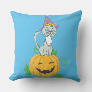 Halloween Wizard Cat on Pumpkin Throw Pillow