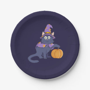 Halloween Wizard Cat with Pumpkin Paper Plate