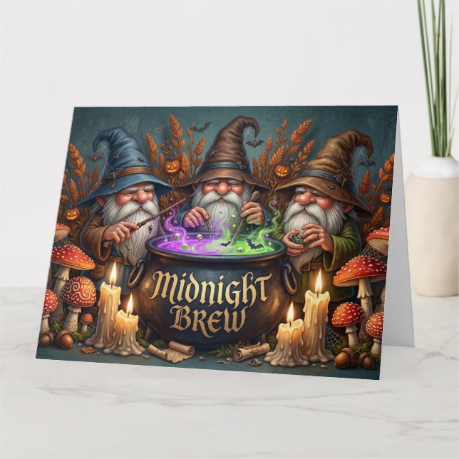 Halloween Wizard Gnomes Midnight Brew Cauldron Card (Front)
