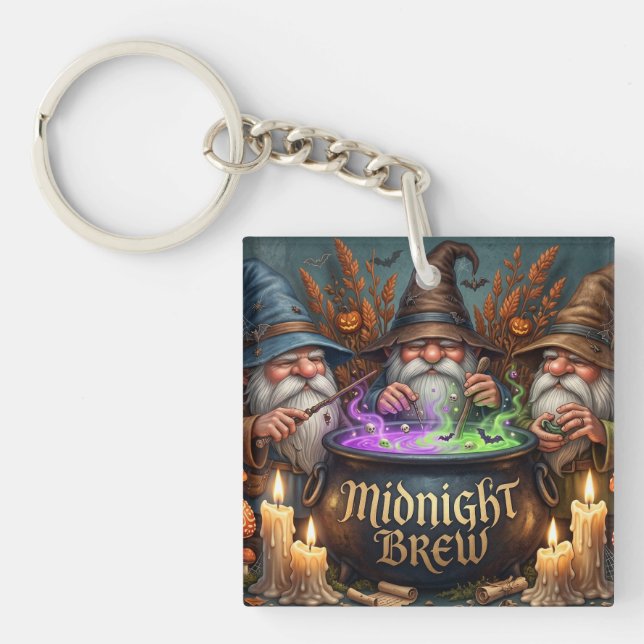 Halloween Wizard Gnomes Midnight Brew Cauldron Keychain (Front)