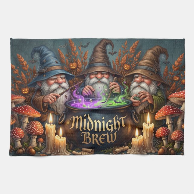 Halloween Wizard Gnomes Midnight Brew Cauldron Kitchen Towel (Horizontal)