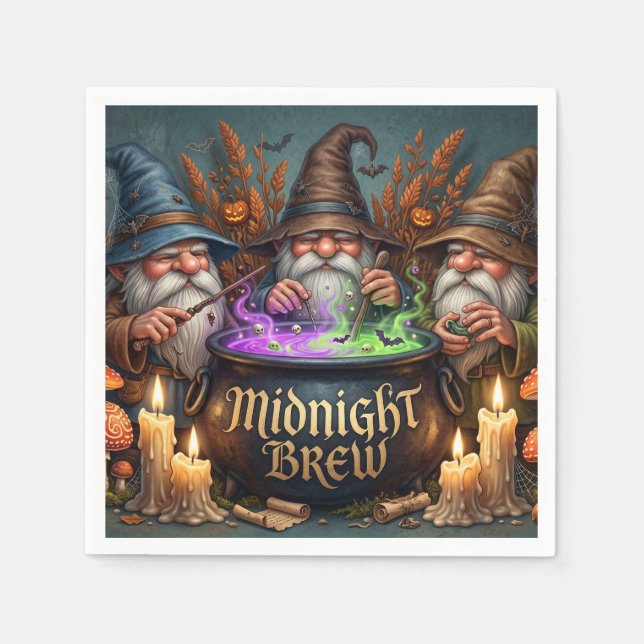 Halloween Wizard Gnomes Midnight Brew Cauldron Napkin (Front)