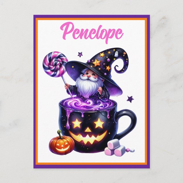 Halloween Wizard In Pumpkin Mug Lollipop Magic Postcard (Front)