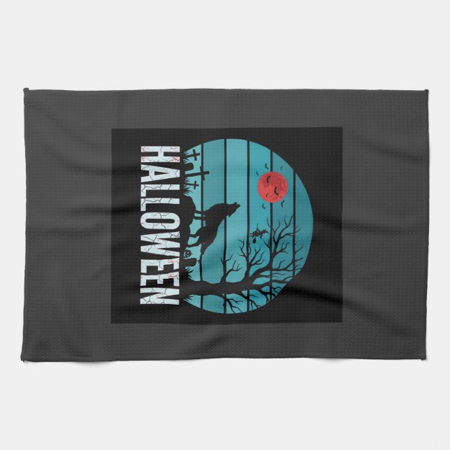 Halloween Wolf Graveyard Moon Vector Kitchen Towel (Horizontal)