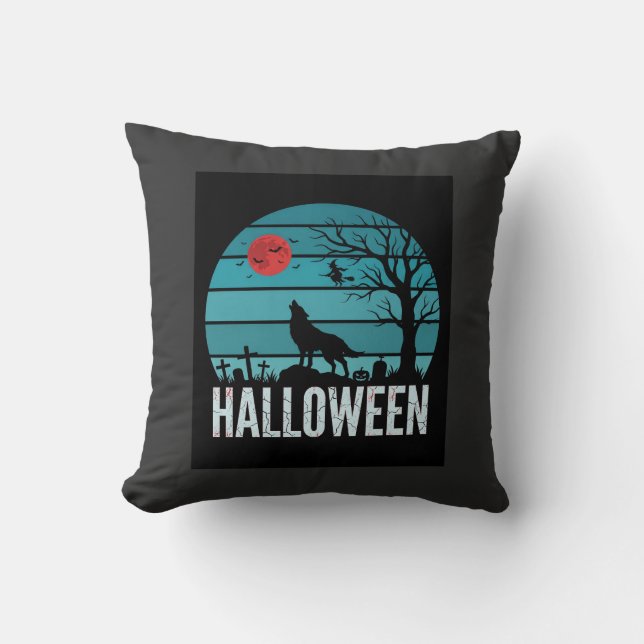 Halloween Wolf Graveyard Moon Vector Throw Pillow (Front)