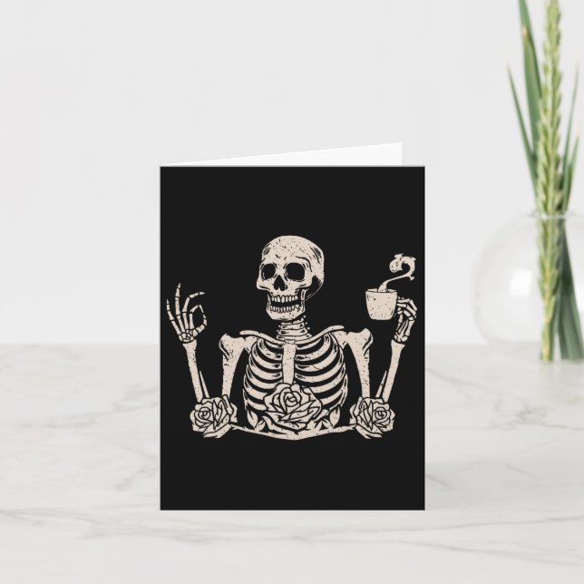 Halloween Women Men Funny Skeleton Drinking Coffee Card (Front)