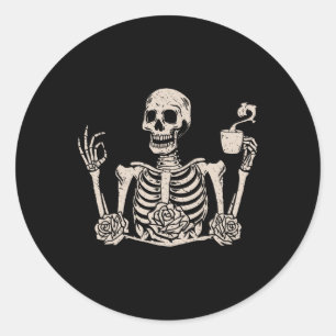 Halloween Women Men Funny Skeleton Drinking Coffee Classic Round Sticker