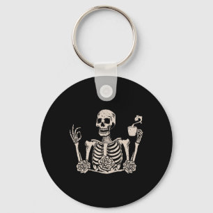Halloween Women Men Funny Skeleton Drinking Coffee Keychain