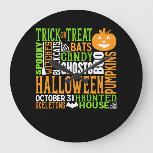 Halloween Word Jumble Colourful Cute Spider Pumpki Large Clock