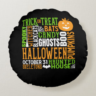 Halloween Word Jumble Colourful Cute Spider Pumpki Round Pillow