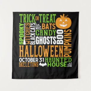 Halloween Word Jumble Colourful Cute Spider Pumpki Tapestry