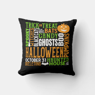 Halloween Word Jumble Colourful Cute Spider Pumpki Throw Pillow