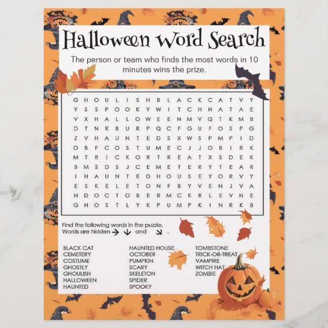 Halloween Word Search Party Game Sheet (Front)