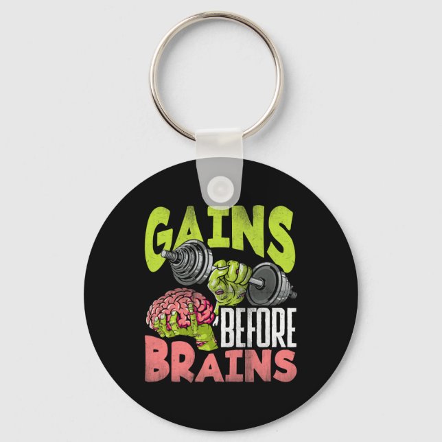 Halloween Workout Zombie Weightlifting Gains Befor Keychain (Front)
