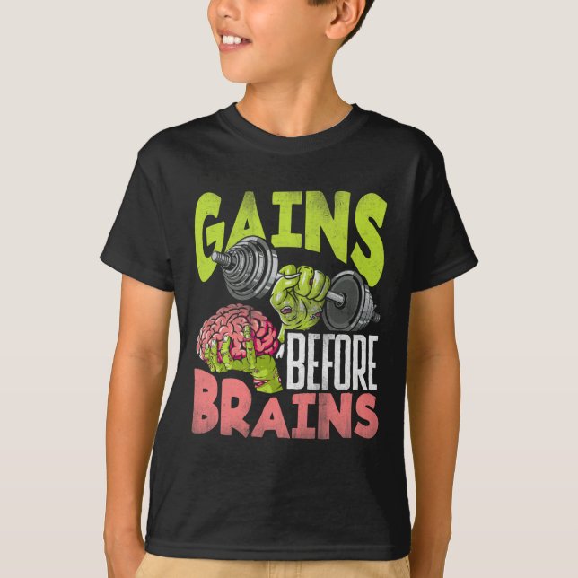 Halloween Workout Zombie Weightlifting Gains Befor T-Shirt (Front)