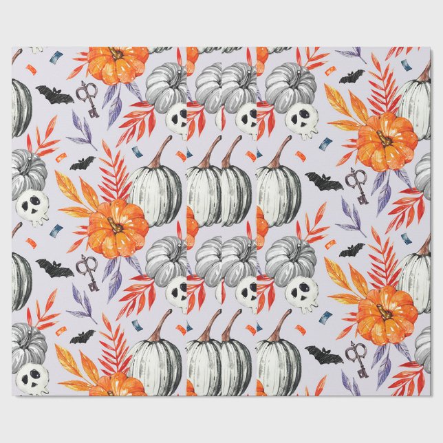 Halloween Wrapping Paper (A vibrant, animated textile pattern featuring pumpkins, skulls, and autumn leaves. )