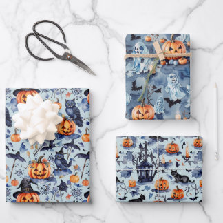 Halloween Wrapping Paper Flat Sheet Set of 3