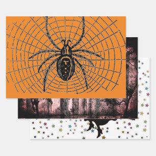 HALLOWEEN WRAPPING PAPER SET WITCH AND SPIDERS