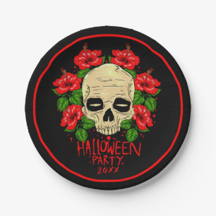 Halloween Year 20xx Skull Red Hibiscus Black 7" Paper Plate