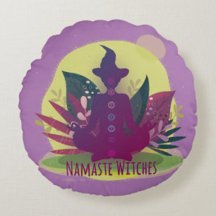 Halloween Yoga Namaste Witches Round Pillow