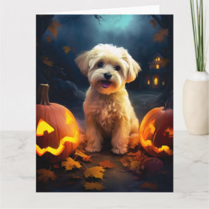 Halloween Yorkipoo With Pumpkins Scary Card