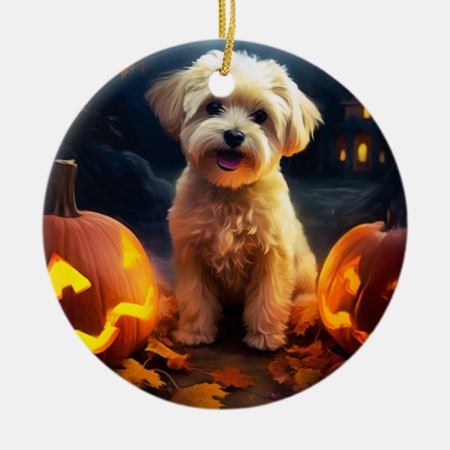 Halloween Yorkipoo With Pumpkins Scary Ceramic Ornament (Front)